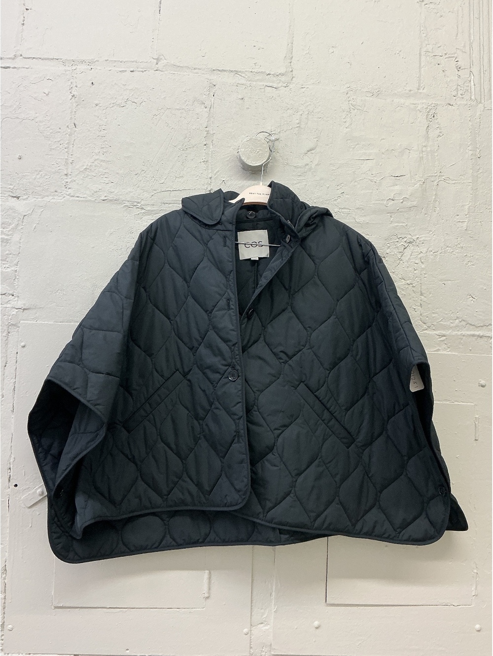 COS Quilted Hooded Cape Puffer Cropped Jacket in Black